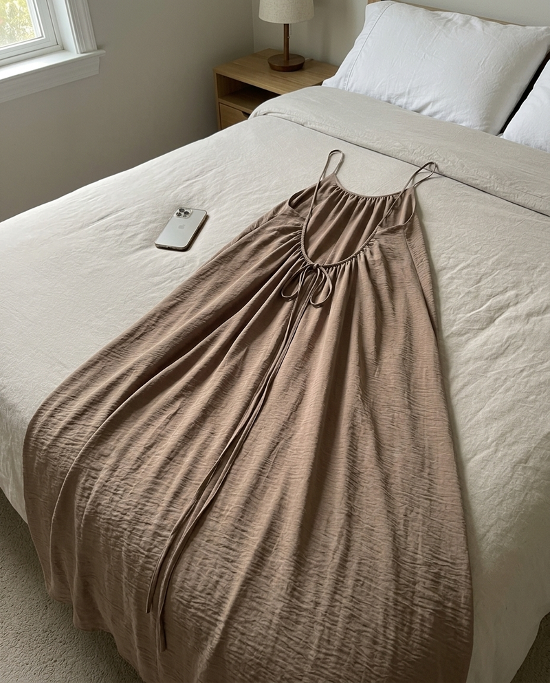 Customer wearing the backless dress at home