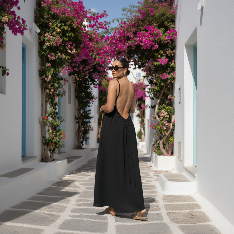 Customer wearing the backless dress at home